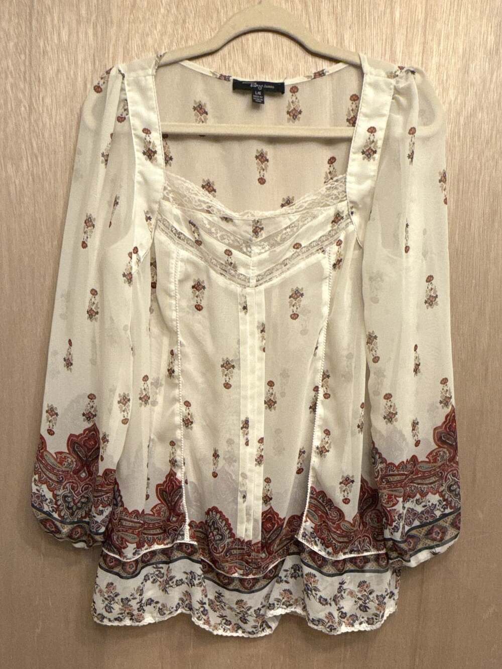 Riley + James Women's Ivory Sheer Boho Peasant Blouse with Lace and Paisley Prin